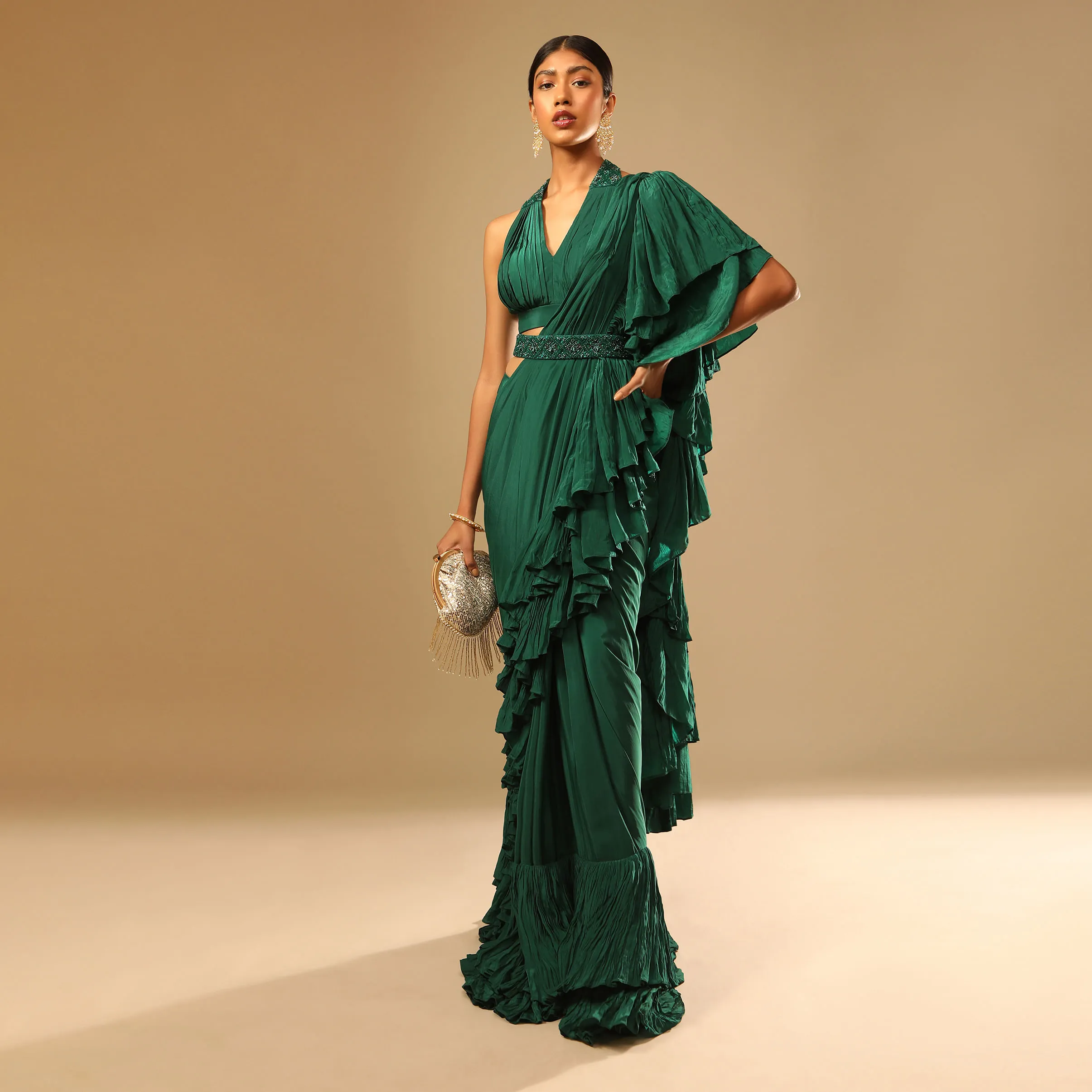 Emerald Green Lehenga In Georgette With A Plunging Neck Crop Top Featuring Floral Hand Work And Choker Dupatta