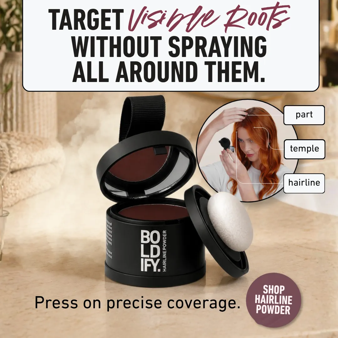 Boldify ad: Powder Hits the Roots — Spray Hits Everything Else